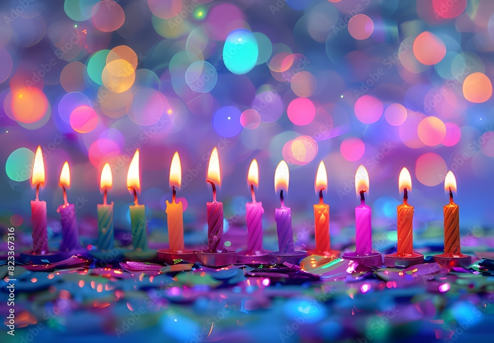 A festive birthday scene with colorful candles and confetti ai generative