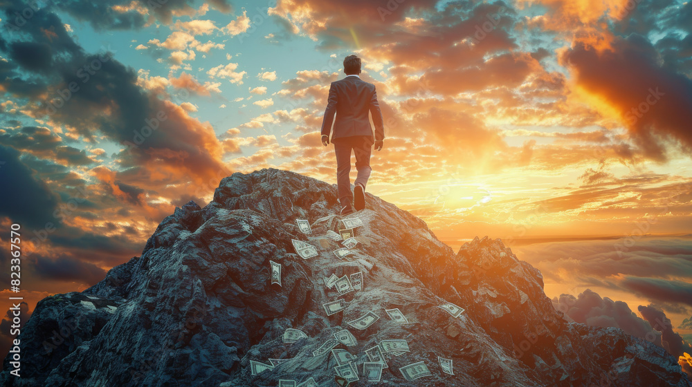 A businessman in a suit climbing a steep mountain at sunset, with a glowing horizon and scattered dollar bills representing financial success and achievement