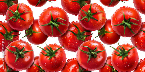 A seamless pattern of different types and colors of tomatoes on a white background
