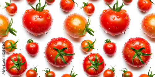 A seamless pattern of different types and colors of tomatoes on a white background