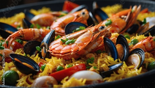 Close-up view of delectable Spanish seafood paella