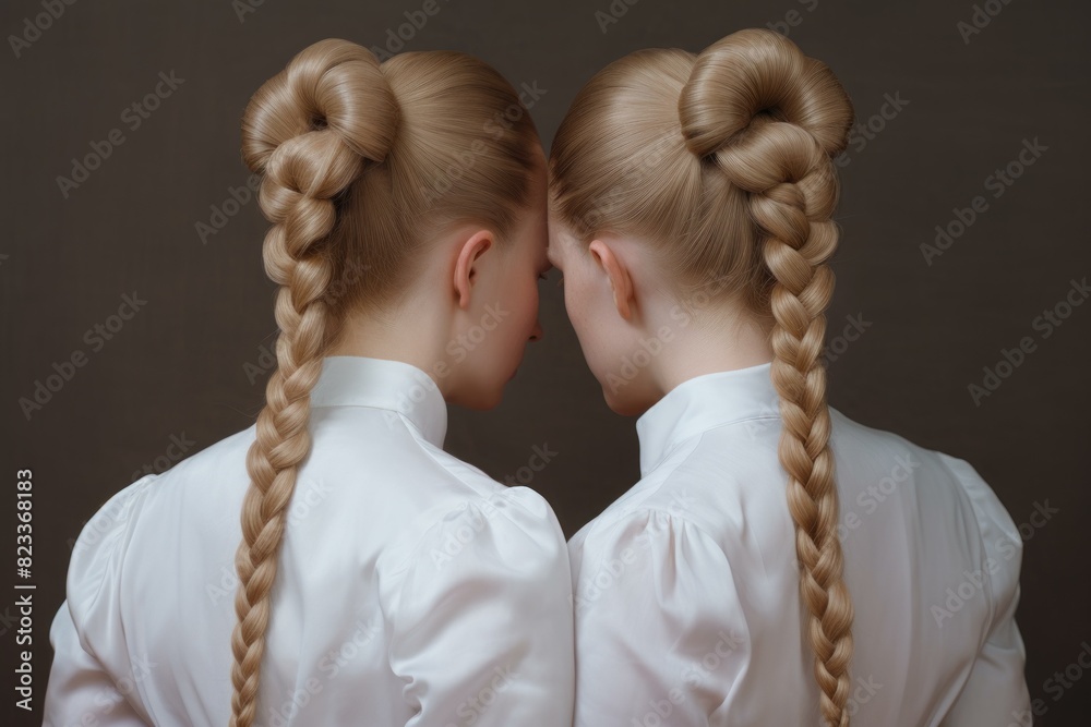 Back view of identical twins with intricate braids, wearing white ...