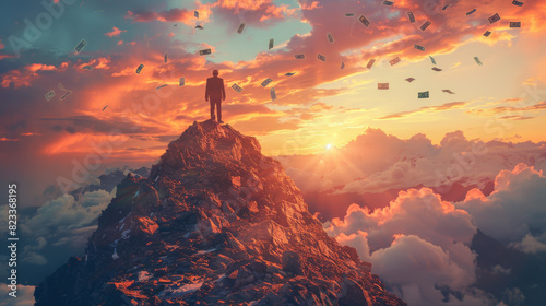 An image of a determined businessman scaling a rocky mountain peak during sunset, with dollar bills floating in the air around him symbolizing the pursuit of wealth photo