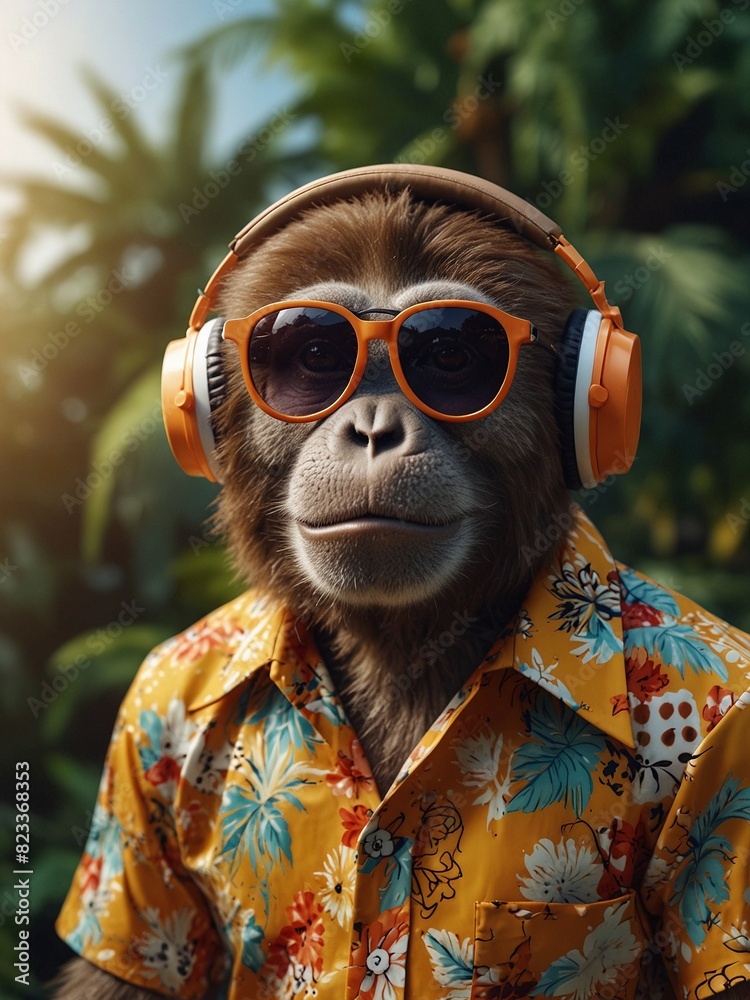 Monkey character wearing summer Hawaiian shirt and yellow sunglasses with big headphones Monkey character wearing summer Hawaiian shirt and yellow sunglasses with big headphones