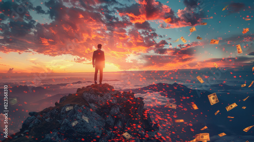 A conceptual scene of a suited businessman reaching the summit of a mountain at sunset, with a dramatic sky and dollar bills falling like confetti, highlighting triumph and prosperity photo