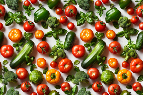 A seamless pattern of different types and colors of fresh Vegetables on a white background