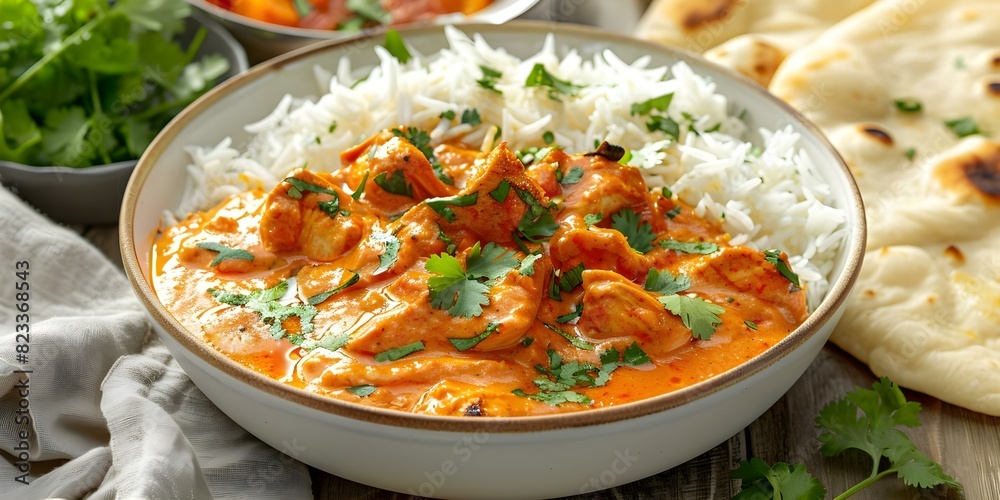 Delicious Chicken Tikka Masala Curry with Rice and Naan Bread on a Wooden Background. Concept Food Photography, Indian Cuisine, Creamy Tomato Sauce, Traditional Dish, Tasty Naan Delicious Chicken Tikka Masala Curry with Rice and Naan Bread on a Wooden Background. Concept Food Photography, Indian Cuisine, Creamy Tomato Sauce, Traditional Dish, Tasty Naan