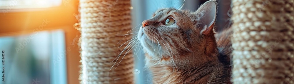 Fototapeta premium See a cat feeling adventurous, climbing to the top of a tall cat tree