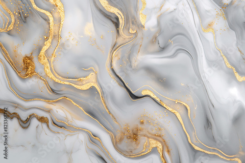 Elegant marble background with flowing golden lines, white and grey tones, detailed fluid art style in the style of luxury wallpaper.