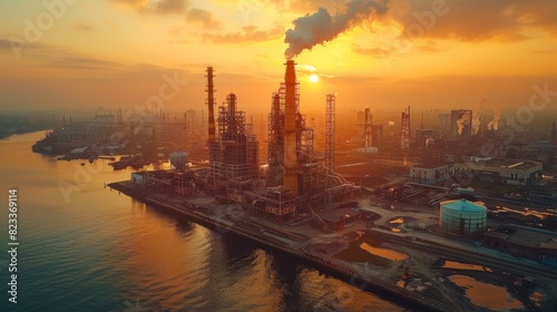 Sunset casts golden hues over an industrial refinery, highlighting its complex structure