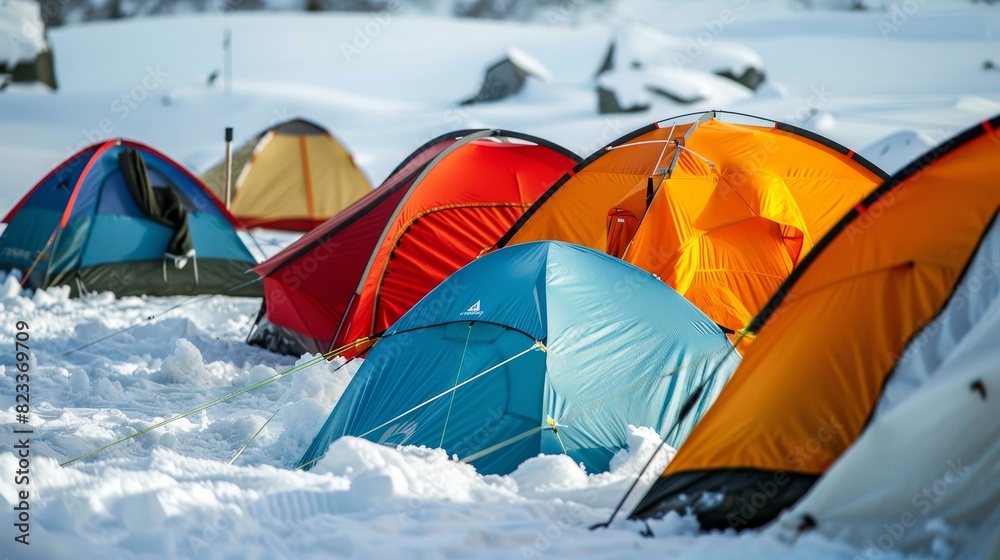 Close-up of various colorful tents in a snowy field, showcasing a perfect outdoor camping setup, vivid colors against the white snow