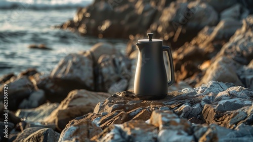 Close-up view of a coffee pot on a rocky shoreline, capturing the rugged environment and the sleek pot, detailed and natural outdoor setting