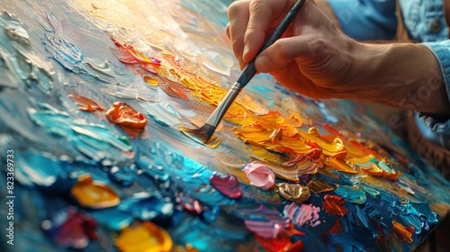 An artist's hand diligently applies vibrant oil paint to a texturized canvas with a brush photo