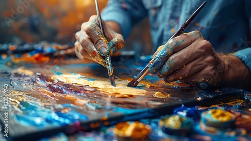 Artist's hands smeared with multicolored paint while actively working on a vibrant canvas