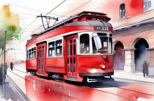 Red old tram in old city. watercolor illustration.