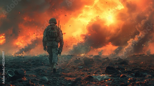 A soldier walks away from a dramatic explosion in a desolate battlefield setting