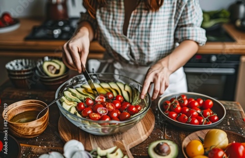A woman is preparing an organic salad with avocados  tomatoes and olive oil on the table in her kitchen