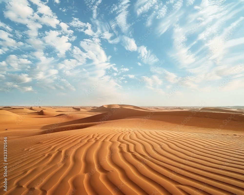 A desert landscape with a blue sky and clouds. The desert is vast and empty, with no signs of life