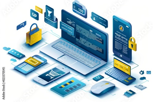 E commerce security and digital transactions concept with multiple devices, secure shopping, and technology illustration, vector design