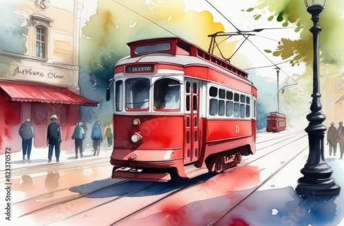 Red old tram in old city. watercolor illustration.