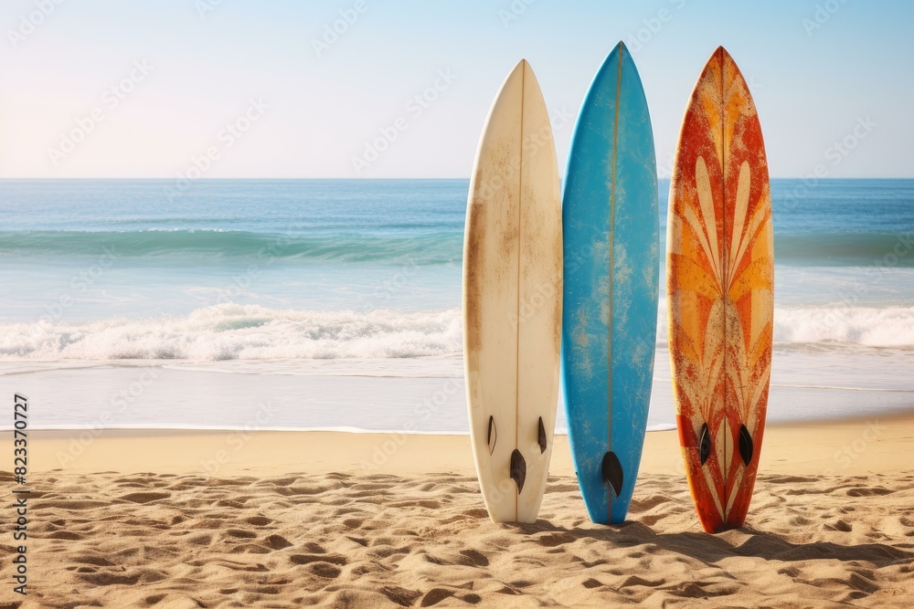 Three surfboards stand on sandy beach against ocean waves backdrop