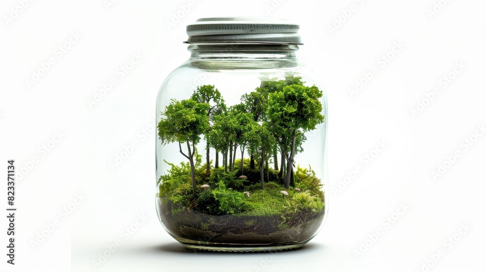 Close-up of a lush miniature forest in a glass bottle with a lid, isolated white background, professional studio lighting for a stunning and detailed visual Close-up of a lush miniature forest in a glass bottle with a lid, isolated white background, professional studio lighting for a stunning and detailed visual