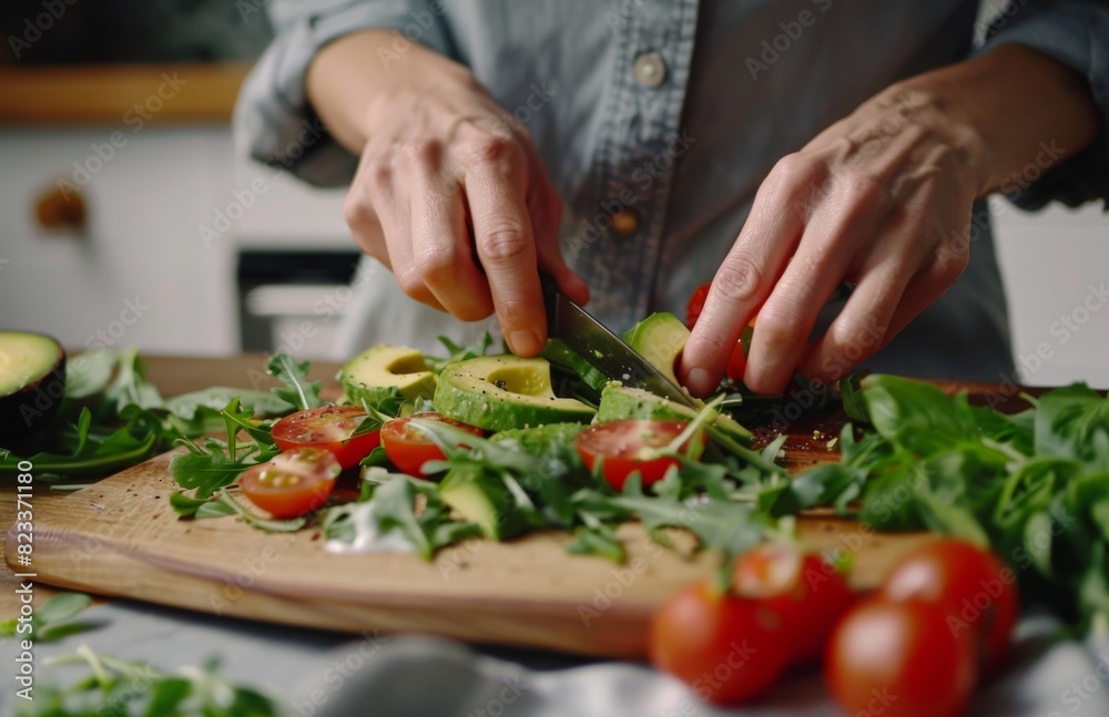Woman in kitchen wearing casual , making a salad with avocados and tomatoes on a wooden board at the table