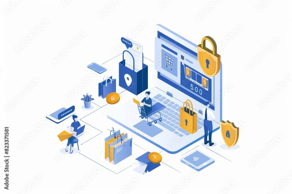 E commerce security and digital shopping concept with shopping bags, secure transactions, and technology, colorful vector illustration E commerce security and digital shopping concept with shopping bags, secure transactions, and technology, colorful vector illustration