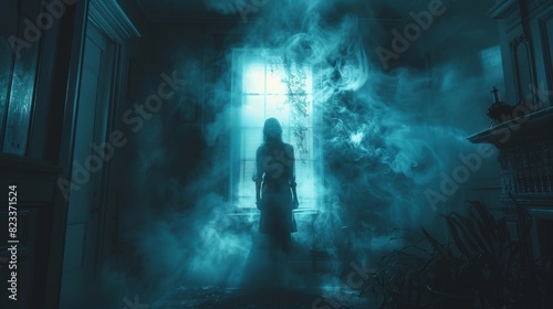A ghostly childlike figure stands in a haunting blue room filled with swirling smoke and ethereal light