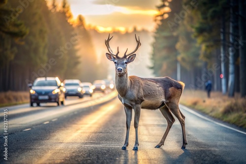 Wallpaper Mural A traffic accident. The animal is a deer on the road near the forest in the early morning. Dangers on the road, wildlife and the car. Torontodigital.ca