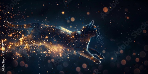 Cat animal. Magic Celestial Halloween pattern. Space abstract vintage background. Fast witch pet in neon galaxy. Gothic nature design. Esoteric black cat. Celestial pet with constellation or network photo