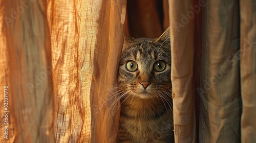 Imagine a cat feeling curious, peeking out from behind a curtain