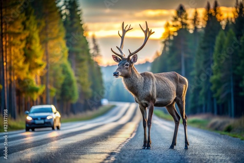 A traffic accident. The animal is a deer on the road near the forest in the early morning. Dangers on the road, wildlife and the car. photo