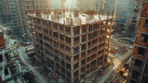 An overhead shot of workers on a multi-story building under construction amidst urban surroundings