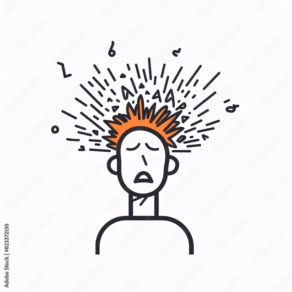 Illustration of a person overwhelmed with anxiety, displaying chaotic symbols and lines around the head, indicating stress and mental turmoil. Illustration of a person overwhelmed with anxiety, displaying chaotic symbols and lines around the head, indicating stress and mental turmoil.