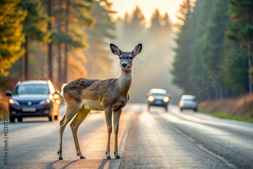 A traffic accident. The animal is a deer on the road near the forest in the early morning. Dangers on the road, wildlife and the car.