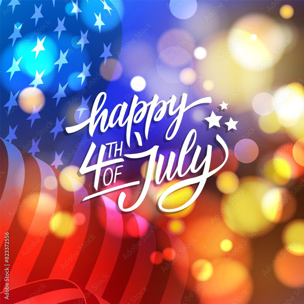 Happy 4th of July. United States Independence Day greeting card with bright bokeh lights and waving American flag. Holiday firework. Vector illustration.