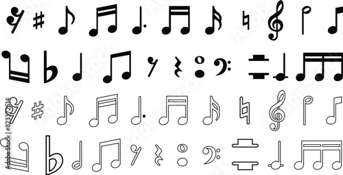 Set of Musical key page symbols with treble clef in trendy black flat styles editable stock. Musician splash effect signs business concepts. Note music for your web sites on transparent background.