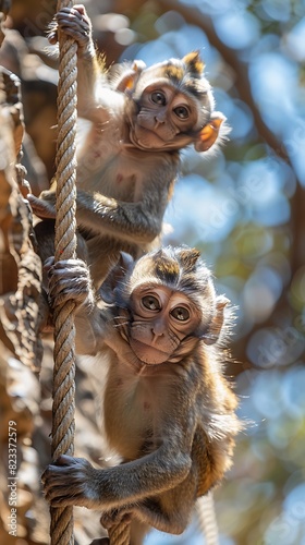 Exploring ancient temples of Cambodia a playful troop of monkeys swings from vine to vine their mischievous antics providing a lighthearted contrast to the solemn stone ruins