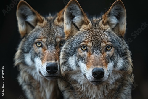 Two wolf faces up close on a black background  high quality  high resolution