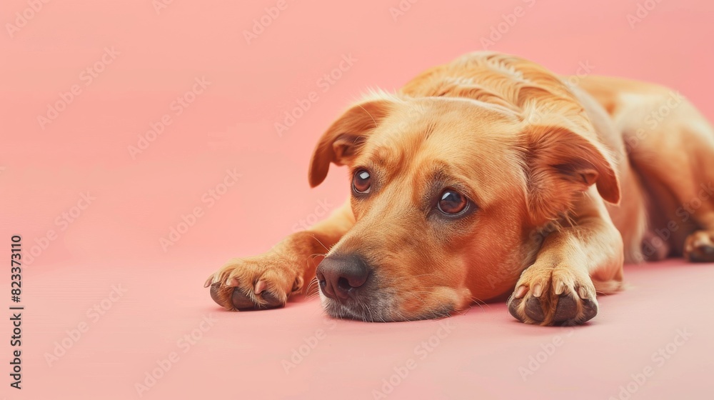 A dog is laying on a pink surface A dog is laying on a pink surface