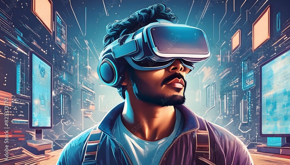 Man wearing virtual reality headset and exploring digital environment
Man wearing virtual reality headset and exploring digital environment
