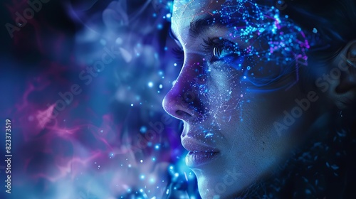 Artistic image of a woman merging with biotechnological elements