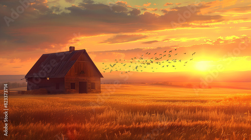 A farm scene with a barn and a field of tall grass. The sun is setting, casting a warm glow over the landscape. The sky is filled with birds flying in various directions, creating a sense of movement