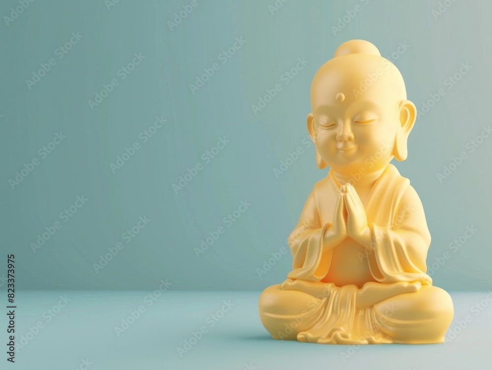 Meditative yellow buddha statue in lotus position on blue background for relaxation and mindfulness concept Meditative yellow buddha statue in lotus position on blue background for relaxation and mindfulness concept