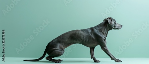 A dog is walking on a green wall