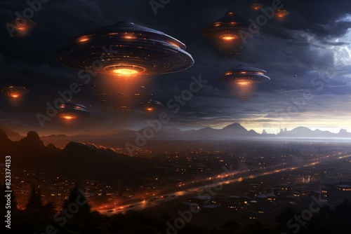 Dramatic digital artwork of ufo fleet descending on a nocturnal urban landscape