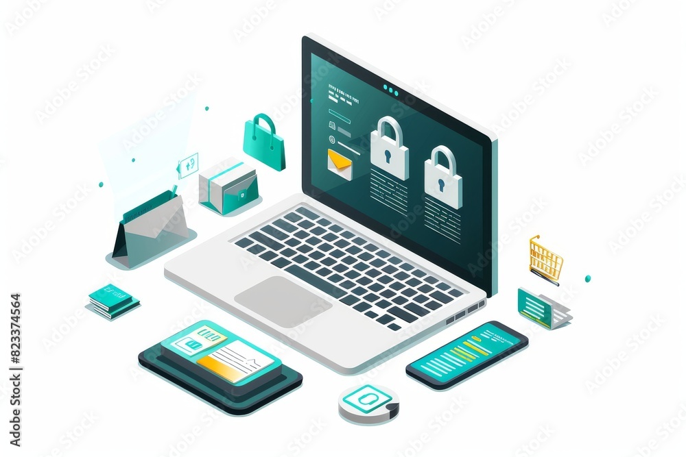 Secure online shopping and digital transactions with technology, vector illustration in green tones Secure online shopping and digital transactions with technology, vector illustration in green tones