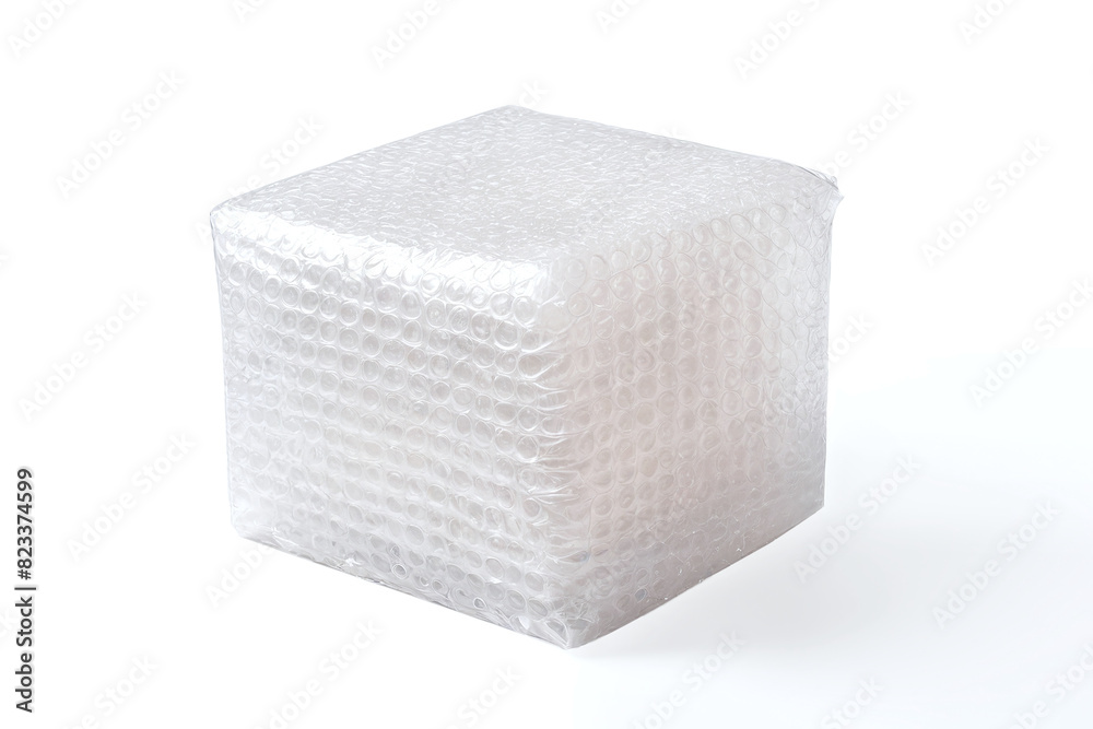 A square box covered in bubble wrap packaging for protection, isolated on white background. A package containing fragile goods wrapped in protective plastic wrappings for shipping or transport. A square box covered in bubble wrap packaging for protection, isolated on white background. A package containing fragile goods wrapped in protective plastic wrappings for shipping or transport.