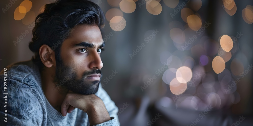 Indian man contemplating at home grappling with financial strain heartbreak and mental anguish. Concept Financial Stress, Heartbreak, Mental Health, Coping Strategies, Emotional Wellness Indian man contemplating at home grappling with financial strain heartbreak and mental anguish. Concept Financial Stress, Heartbreak, Mental Health, Coping Strategies, Emotional Wellness